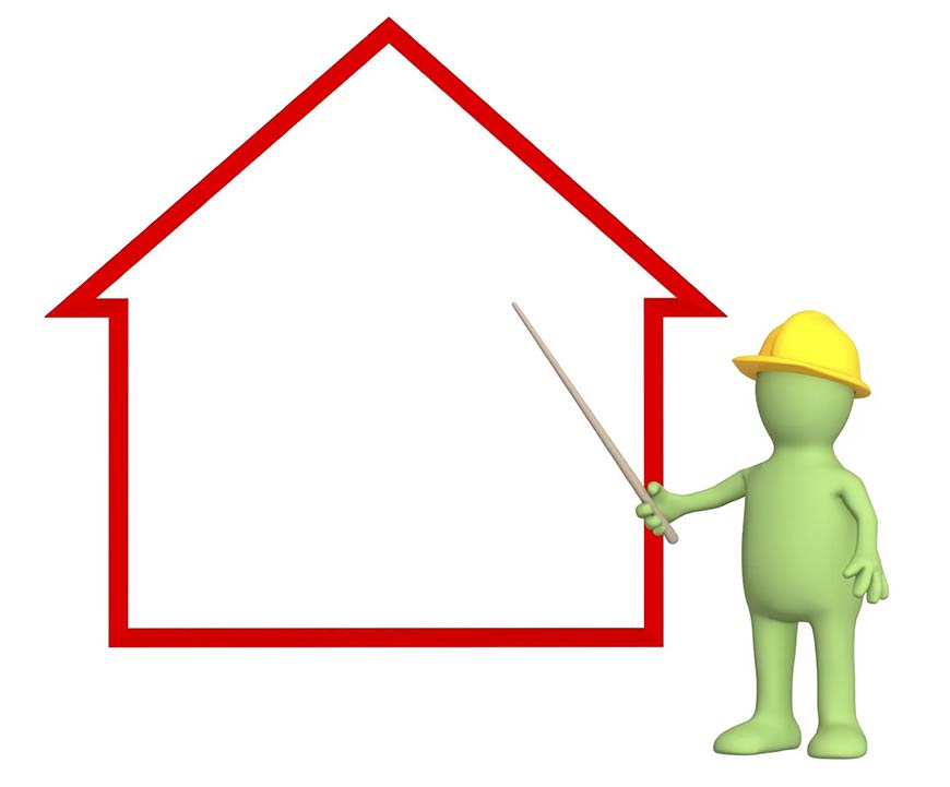 Illustration of a 3D person wearing a hard hat and holding a pointer with a red outlined house