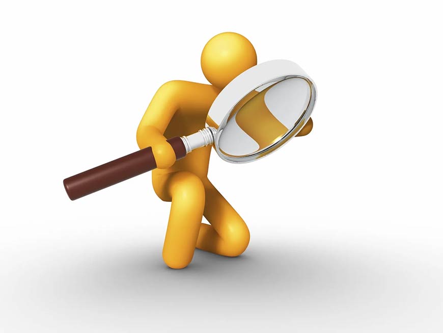 Illustration of a 3D human figure looking through a magnifying glass