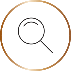 Metallic copper circle border with black magnifying glass icon inside